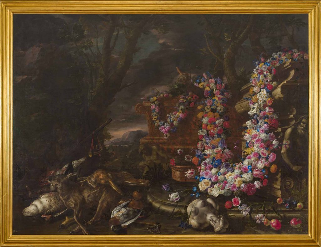 Giseppe Recco, Natura morta con festoni di fiori e cacciagione, 1671 
 olio su tela 
 Napoli, Museo e Real Bosco di Capodimonte 
(Legato d’Avalos 1882) 